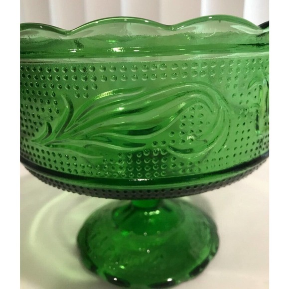 Vintage Green Glass Scalloped Edge Footed Compote 1960/E.O Brody Signed MCM Bowl - Picture 2 of 7